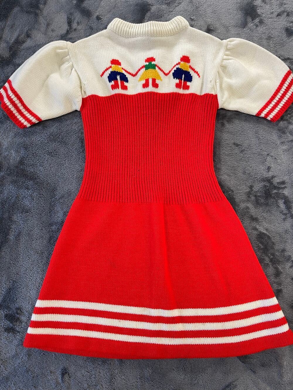 Vintage Alyssa Paper Dolls Holding Hands Sweater Dress Short Sleeve Puff Red M`